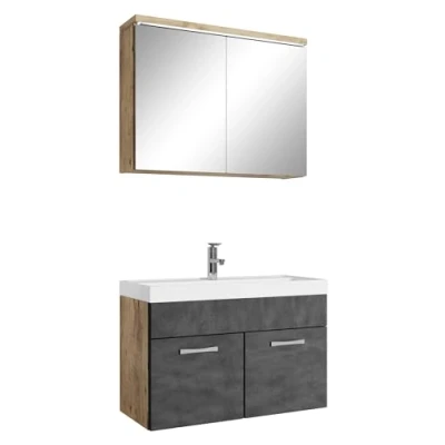 Abbildung von Badezimmer Badmöbel Set Paso 02 80cm Waschbecken Kastanien Eiche mit Dunkle Grau Unterschrank Schrank Spiegelschrank