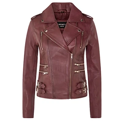 Abbildung von Infinity Leather Damen Retro Burgund 100% Nappaleder Bikerjacke 5XL