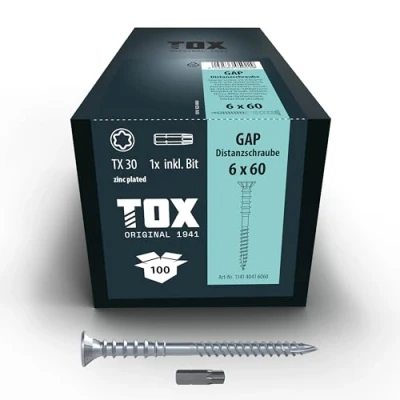 Abbildung von TOX Distanzschrauben GAP 6,0 x 60 mm, Abstandsschraube aus verzinktem Stahl, millimetergenaue Ausrichtung von Holz Unterkonstruktionen, TX30, 100 Stück im Karton, inkl. 1x Bit, 114140416060