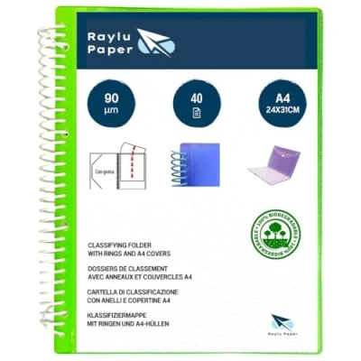 Abbildung von RAYLU PAPER Sortiermappe mit Ringen A4 Klarsichthüllen 90 Mikron und Umschlag Klettverschluss, personalisierbarer Deckel, 100% biologisch abbaubar (40 Hüllen, grün)