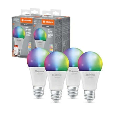 Abbildung von LEDVANCE Smarte LED Lampe mit WiFi Technologie, Sockel E27, Dimmbar, Lichtfarbe änderbar (2700 6500K), RGB Farben änderbar, ersetzt Glühlampen 60 W, SMART+ Classic Multicolour, 4er Pack, Weiß