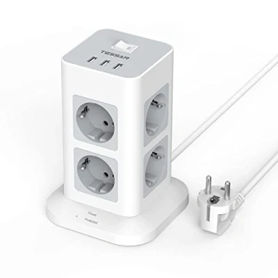 Abbildung von Mehrfachsteckdose Überspannungsschutz 3600W 16A, TESSAN 8 Fach Steckdosenleiste USB Mehrfachstecker, Steckerleiste mit 2M Verlängerungskabel, Steckdosenturm Verteilersteckdose für Zuhause, Grau