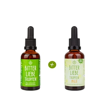 Abbildung von BitterLiebe® Tropfen Paket mit 1x Bitterstoffe Original (50ml) und Bittertropfen ohne Alkohol mild I Bitterkräuter, bitter