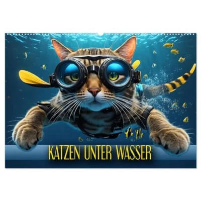 Abbildung von Katzen unter Wasser (Wandkalender 2025 DIN A2 quer), CALVENDO Monatskalender