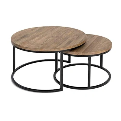 Abbildung von RIVERBANK® Hochwertiger Couchtisch aus Eiche &amp; Metall, Satztisch Massiv Holz im 2er Set, Wohnzimmertisch Echtholz, Rund Modern Couch Beistelltisch 50 cm hoch Wohnzimmer Tisch in Dunkelbraun