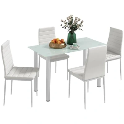 Abbildung von HOMCOM Essgruppe Esstisch mit 4 Stühlen, Küchentisch Hartglasplatte, (Esszimmermöbel, 5 tlg., Set), für Küche, Esszimmer, Stahl, Weiß