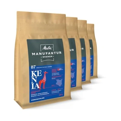 Abbildung von Melitta Manufaktur Kaffee Kenia, Spezialitäten Kaffee, 4 x 250g, ganze Bohnen, ungemahlen, Single Origin sanfte Trommelröstung, geröstet in Deutschland, Stärke 2, im Tray