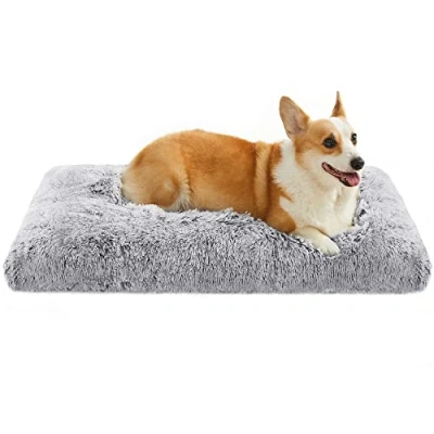 Abbildung von Feandrea Hundebett, Hundekissen, Flauschige Hundematte, Langer Plüsch, 95 x 60 cm, weiche Polsterung, maschinenwaschbar, Hundekorb, multifunktional, tragbar, hellgrau PGW202G01