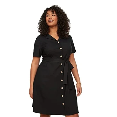 Abbildung von Trendyol Curve Damen Mini Hemdkleid Regular Plus Size Kleid, Schwarz, 44 Große Größen EU