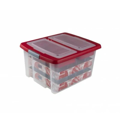 Abbildung von SUNWARE Nesta Weihnachtsbox 32 Ltr mit Tabletts für Weihnachtskugeln (Ø70 80mm) transparent/rot