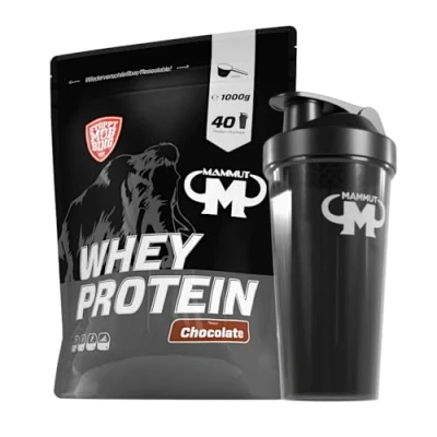 Abbildung von 1kg Mammut Whey Protein Eiweißshake Set inkl. Shaker, Riegel, Powderbank oder Tasse (Chocolate, Gratis Shaker)