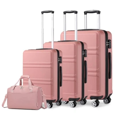 Abbildung von KONO Kofferset 4 Teilig Hartschalekoffer mit TSA Schloss Gepäcksets Handkoffer Mittelgroß Groß Trolleys 40x20x25cm Ryanair Reisetasche (55cm/65cm/74cm Koffer Trolley Set und Tasche), Rosegold