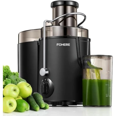 Abbildung von FOHERE Entsafter für Obst und Gemüse in Edelstahl, 400W Zentrifugaler 65 MM Einfüllöffnung 3 Geschwindigkeiten, Anti Tropf Funktion Überhitzungsschutz inkl Reinigungsbürste, Schwarz