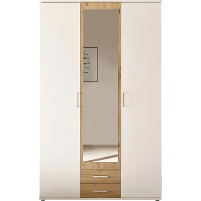 Abbildung von Stella Trading HANAU Kleiderschrank mit Spiegeltür in Weiß, Artisan Eiche Optik Vielseitiger Drehtürenschrank 3 türig für Ihr Schlafzimmer 120 x 196 54 cm (B/H/T)