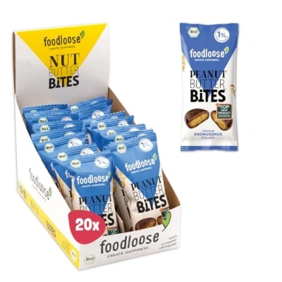 Abbildung von foodloose Bio Peanut Butter Bites Erdnussmus Leckerer Snack aus Datteln mit cremiger Erdnussbutter Füllung Vegan, Bio, glutenfrei &amp; ohne raffinierten Zucker Vorteilspack (20 x 40g)