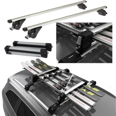 Abbildung von Aluminium Dachträger + verschiebbarer Skiträger für 4 Paar Ski oder 2 Snowboards OPEL Mokka