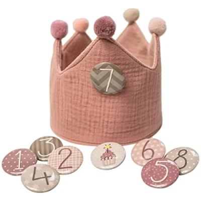 Abbildung von Papierdrachen Geburtstagskrone Musselin mit Zahlen Rosa für den Kindergeburtstag Krone aus Musselinstoff Button von 1 8 Party Deko Hut Jungen &amp; Mädchen