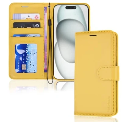 Abbildung von TECHGEAR hülle iPhone 15 Leder klappbar, PU Flip Schutzhülle Ledertasche [Brieftasche] Handyhülle mit Ständer und Handschlaufe Gelb Kompatible