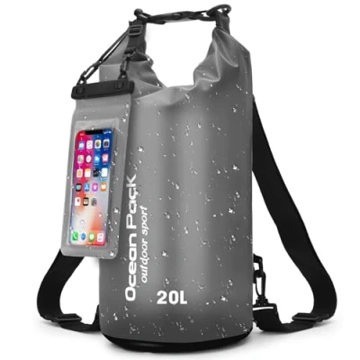 Abbildung von Dry Bag wasserdichte Tasche 5l 10l 15l 20l Liter Wasserfester Packsack Seesack Beutel Waterproof Drybag + Roll Top Schultergurt Schwimmen Baden Strand Kanu SUP Tauchen Handy (Schwarz, 20 L)