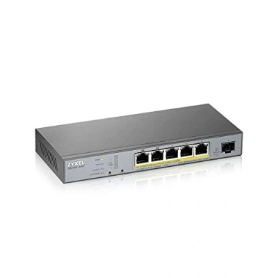 Abbildung von Zyxel Gigabit Smart Managed PoE+ Switch (mit 2 PoE++ Ports) mit 5 Ports, einem Budget von 60 W und SFP Port Nebula Cloud Management, Long Range PoE [GS1350 6HP]