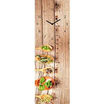 Abbildung von Levandeo® Wanduhr (Wanduhr Glas 20x60cm Kräuter Gewürze Löffel Uhr Glasbild Küche)