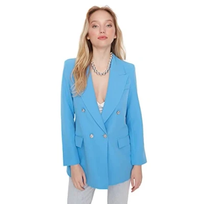 Abbildung von Trendyol Damen Regular damesblazer met twee rijen effen geweven stof Coat, Blau, 34 EU
