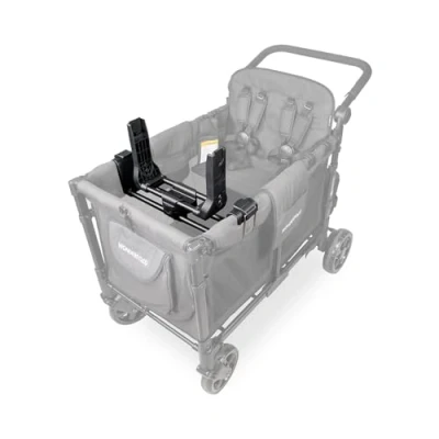 Abbildung von WonderFold KinderVan W2 Serie Autositz Adapter: Sichere Befestigung der Babyschale für Baby und ein Kind auf gegenüberliegenden Bank.
