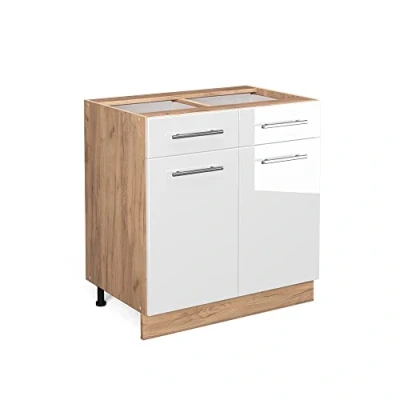 Abbildung von Vicco Küchenunterschrank Fame Line, Weiß Hochglanz/Goldkraft Eiche, 80 cm ohne Arbeitsplatte