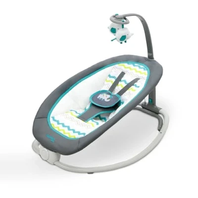 Abbildung von Asalvo FOLD Elefante Babywippe, Rückenlehne in 4 Positionen, entspannende Musik und Vibration, Feste Position Wippe, 5 Punkt Gurt, faltbar, maximale Belastung 9 kg, Aqua Grau