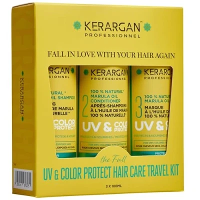 Abbildung von Kerargan UV &amp; Farbschutz Reiseset mit Marulaöl für trockenes und gefärbtes Haar Shampoo, Conditioner, Maske Ohne Sulfate, GVO, Mineralöl 3x100ml