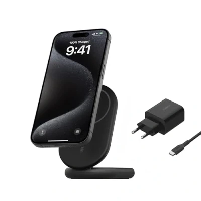 Abbildung von Belkin BoostCharge magnetisches einklappbares kabelloses Ladegerät Qi2, 15 W, MagSafe kompatibles Schnellladegerät, geeignet für iPhone Serie 16, 15, 14, 13, 12 und Standy Modus, Netzteil Schwarz