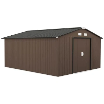 Abbildung von Outsunny Gerätehaus 12,4 m², mit Pultdach, Schiebetür, Fundament, BxT: 340x386 cm, (Gartenhaus, 1 St., Geräteschuppen aus Verzinkter Stahl), wetterfest, für Garten, Braun
