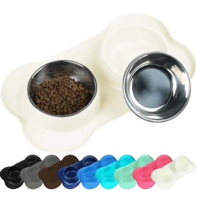 Abbildung von VIVAGLORY Hundenapf Fressnapf Lebensmittel Wassernapf Edelstahl Doppel Napf mit Nicht Kleckern Rutschfesten Silikon Tablett Matte, Beige, Mittel