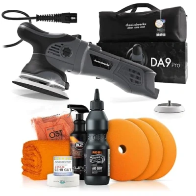 Abbildung von Poliermaschinen Set: chemicalworkz DA9 Pro Exzenter Poliermaschine + ADBL One Step Politur Royal Pads Polierpads Zubehör Auto Lack Politur, Kratzer entfernen, Aufbereitung 8 teilig