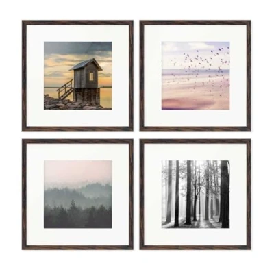 Abbildung von PHOTOLINI Bilderrahmen 30x30 Eiche Dunkel aus MDF Holz, 4er Set Poster Rahmen mit Passepartout, bruchsicheres Acrylglas, zum Aufhängen, extra Zubehör für Fotos &amp;