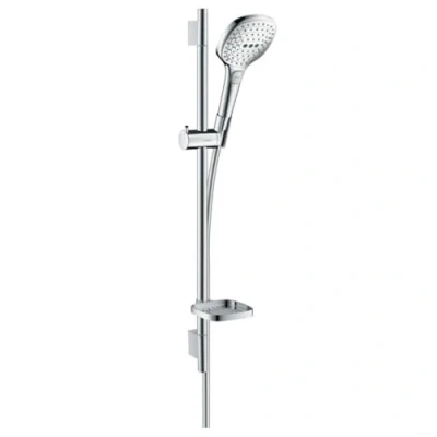 Abbildung von hansgrohe Brausegarnitur &quot;Raindance Select E&quot;, (Komplett Set), 12cm, wassersparend, Duschstange 65cm und Seifenschale