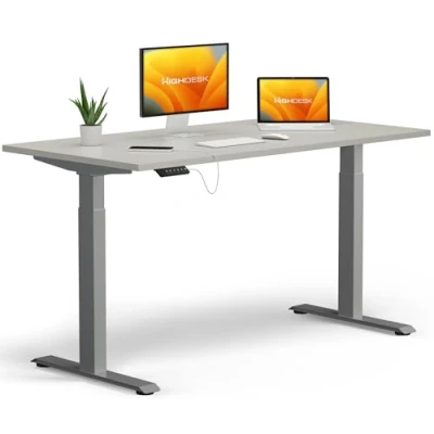 Abbildung von KRIEG HighDesk Basic Höhenverstellbarer Schreibtisch 200 x 80 cm I Silber + Grau Elektrischer Sitz &amp; Stehtisch mit Tischplatte Stehschreibtisch Elektrisch Höhenverstellbar