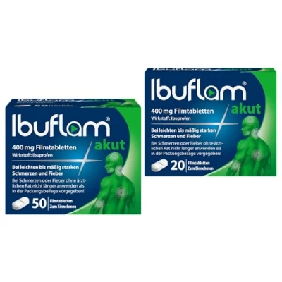 Abbildung von Ibuflam® akut 400 mg Filmtabletten Schnelle Schmerzlinderung und Fiebersenkung mit Ibuprofen 50 + 20 Stk.