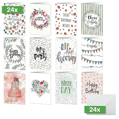 Abbildung von SIGEL DS704 Geburtstags Karten Set, 24 Stück, A6, inkl. weiße Umschläge, 12 unterschiedliche Geburtstagskarten, aus nachhaltigem Papier
