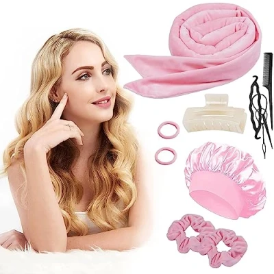 Abbildung von Lockenwickler Locken Ohne Hitze, über Nacht Heatless Curls Band Samt mit Satin Haarhaube Wave Formers DIY Haare Lockenband Frisurenset für Mittleres Langes Haar, Rosa