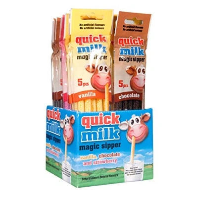 Abbildung von 12 Packung je 5 Trinkhalme (60 Halme) Quick Milk Erdbeere,Vanille, Schokolade Magische Milch Strohhalme, 0.36 kilograms