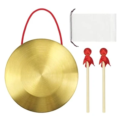 Abbildung von 15cm Messing Kupfer Hand Gong Becken Tragbare Blechblasinstrumente, mit rundem Spielhammer, für Schlaginstrumente Kirchenoper Orchester (mit Tasche)