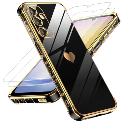 Abbildung von LeYi Hülle für Samsung Galaxy A25 5G Handyhülle mit 2*Schutzfolie, Cute Herz Muster TPU Silikon Galvanik Stoßfest Schutzhülle Cover Case, Kameraschutz Kratzfest A 25 Schwarz