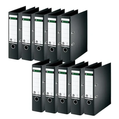 Abbildung von Leitz Qualitäts Ordner 180, 10er Pack, A4, 8 cm Rückenbreite, Spezialpapierkaschierung in Leinenprägung, Blauer Engel, Schwarz, 10070095