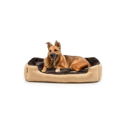 Abbildung von lionto Hundebett mit Wendekissen und Rutschfester Unterseite, Robustes Heimtierkissen tiefem Einstieg für Hunde Katzen jeden Alters, 90x70 cm, kuscheliges Hundekissen, beige/braun