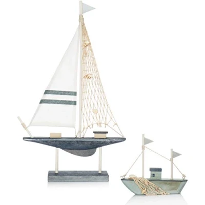 Abbildung von com four® 2X Maritimes Deko Segelschiff aus Holz in verschiedenen Größen Dekoratives Holzboot mit Mittelmeer Flair für Badezimmer [Farbauswahl variiert!] (02 Stück Dekoschiff Mix)