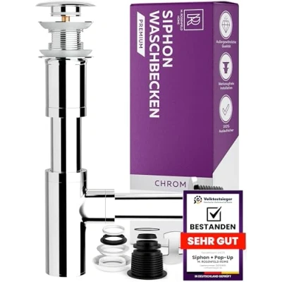 Abbildung von Ablaufgarnitur Waschbecken POP UP mit Überlauf + Design Siphon Extra starke 304er Edelstahl Wände 750g Geruchsverschluss inkl. Dichtungen