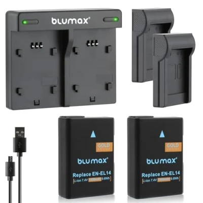 Abbildung von Blumax 2X Gold Akku 1100mAh ersetzt Nikon EN EL14a + Mini Dual Ladegerät USB kompatibel mit D3100 D3200 D3300 D3400 D5100 D5200 D5300 D5500 Coolpix P7800 P7700 P7100 P7000