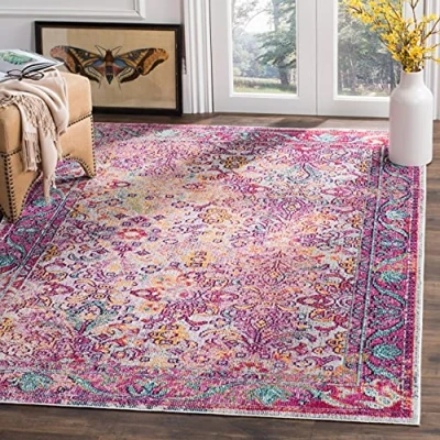 Abbildung von SAFAVIEH Boho Teppich für Wohnzimmer, Esszimmer, Schlafzimmer Crystal Collection, Kurzer Flor, Hellblau und Fuchsia, 91 X 152 cm