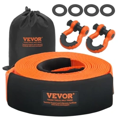 Abbildung von VEVOR Abschleppgurt Bergeset 85 mm x 9 m (MBS 16329 kg) Baumschoner Windengurt, dreifach verstärkte Schlaufe &amp; Schutzhüllen Aufbewahrungstasche, 3/4 Zoll D Ring Schäkel, für LKW, Jeep, SUV, ATV